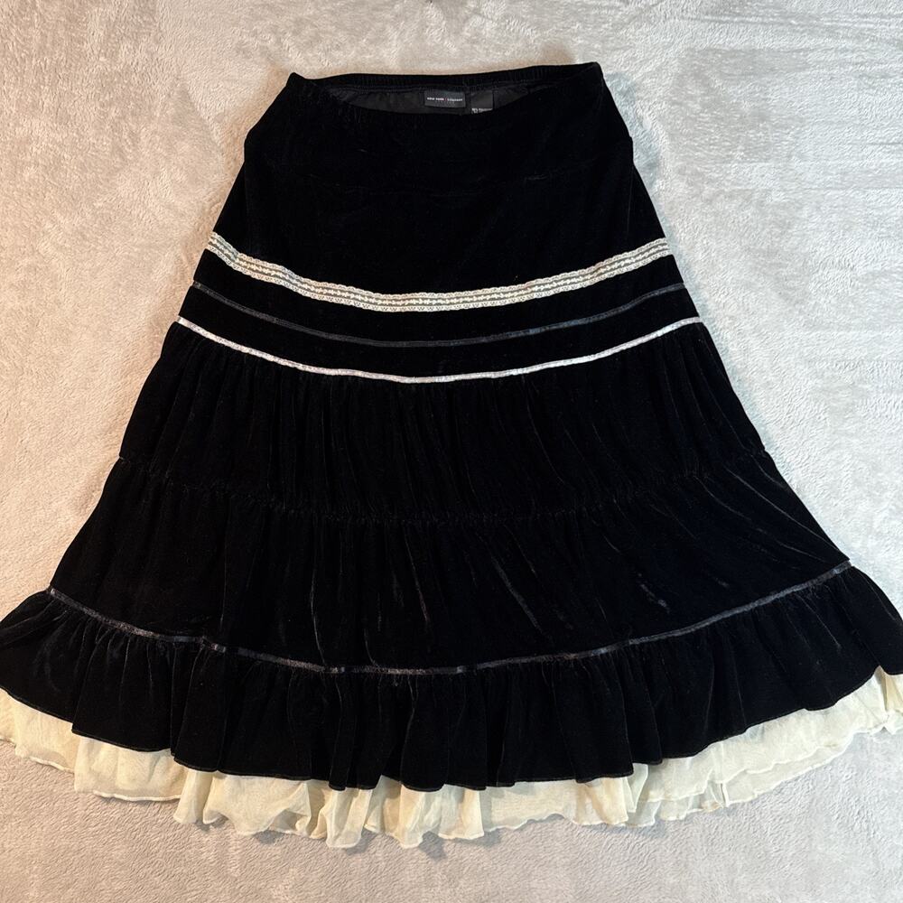 Vintage Black Velvet Tiered Midi Skirt S Witchy Whimsigoth Dark Romantic Boho